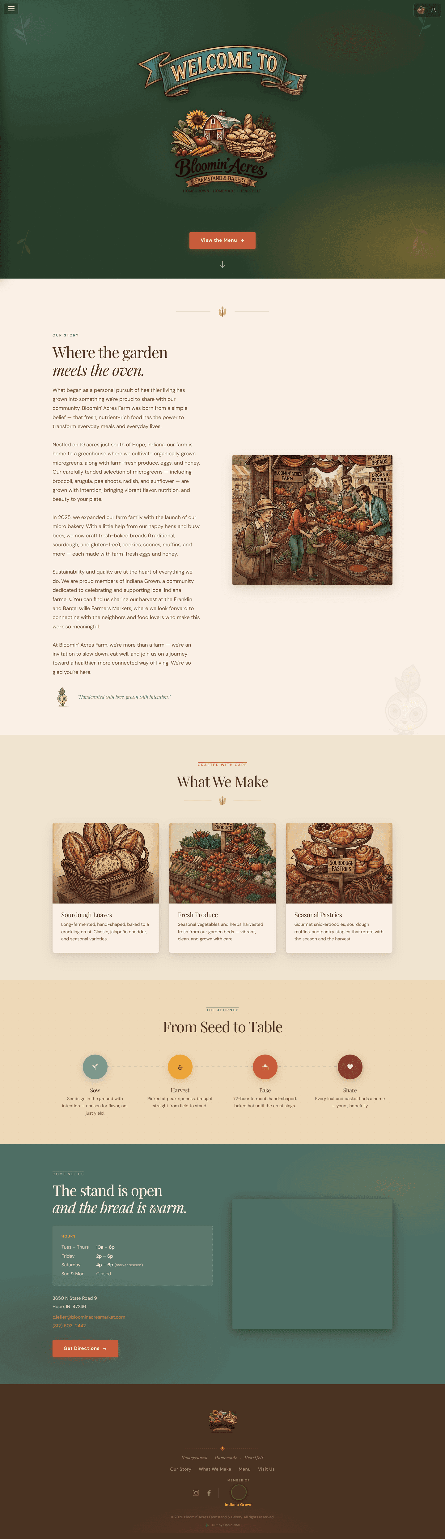 Bloomin' Acres website homepage showing the bakery's menu and ordering system