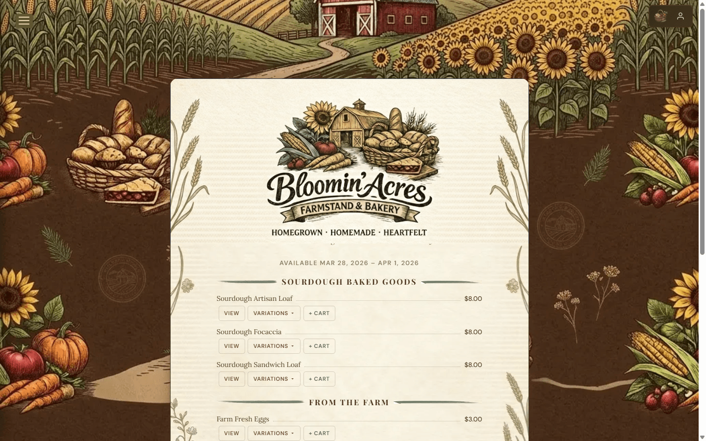 Bloomin' Acres menu page showing sourdough products with add-to-cart ordering