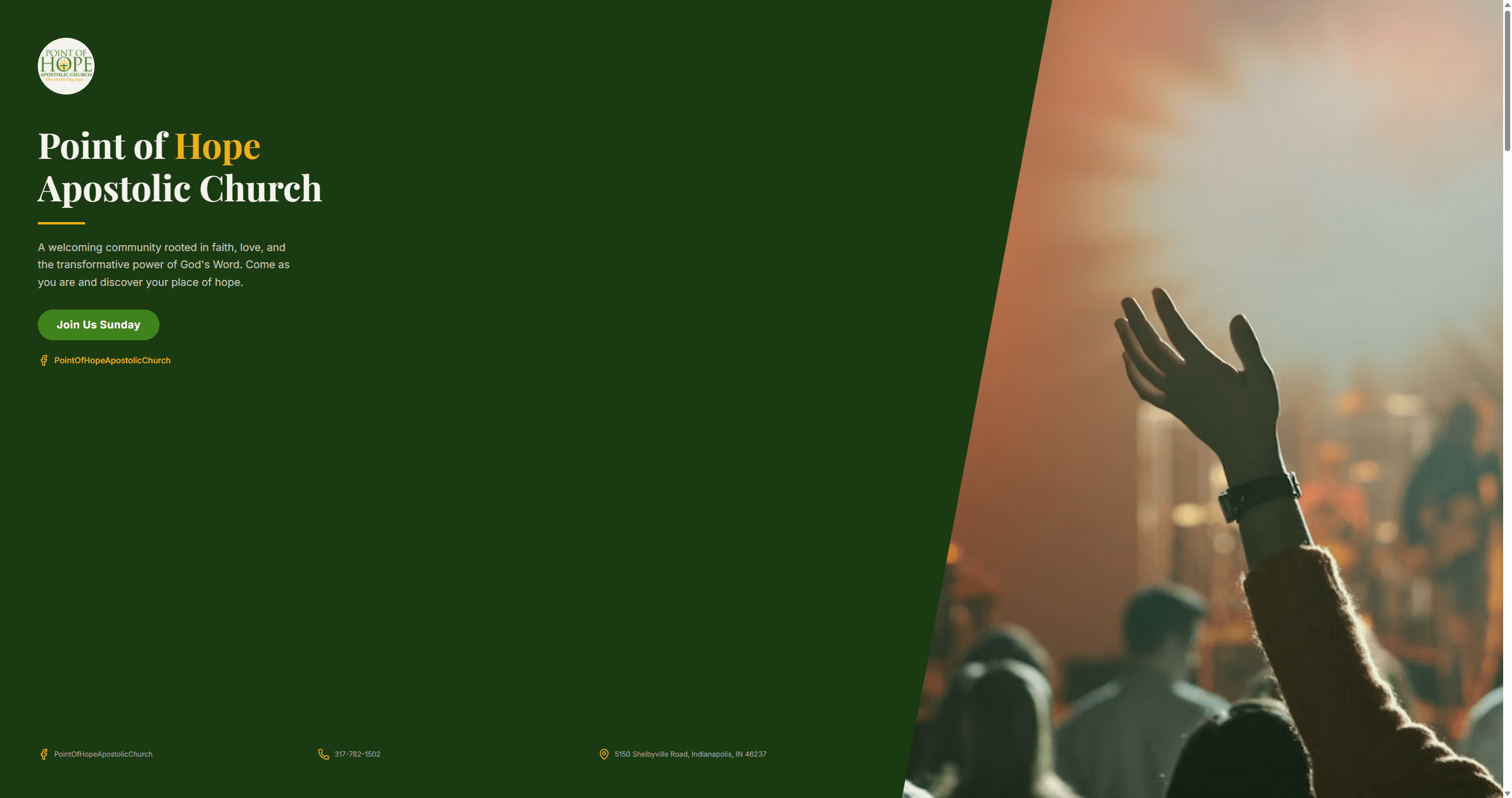 Point of Hope Apostolic Church website homepage with video background