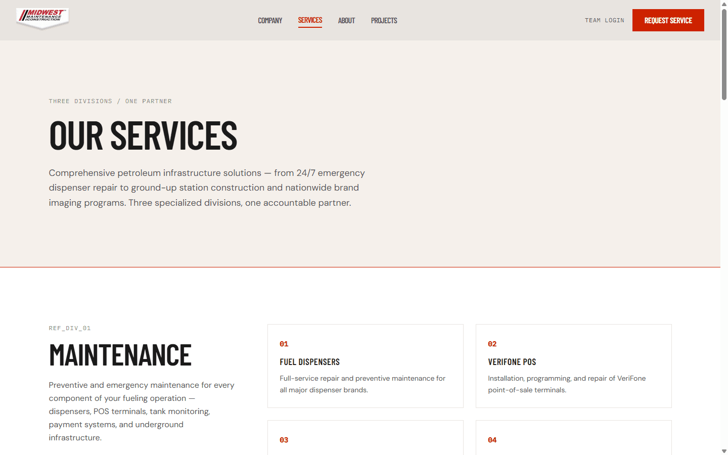 Midwest Maintenance services page showing three operational divisions